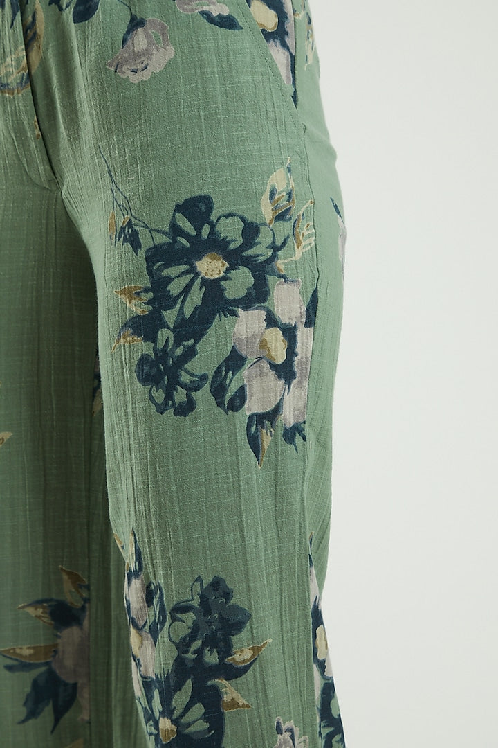 Green Linen Printed Pants
