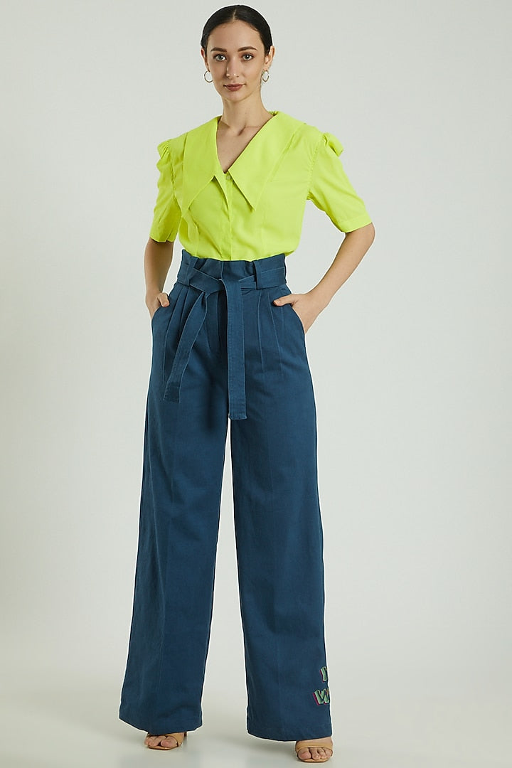 Midnight Blue High Waisted Flare Pants With Tie-Up Belt