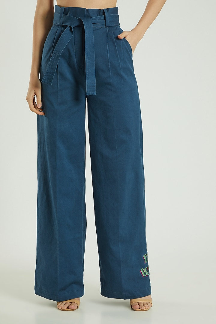 Midnight Blue High Waisted Flare Pants With Tie-Up Belt