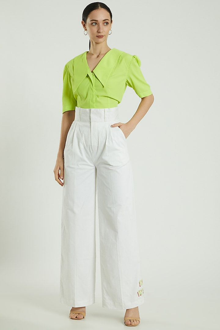 White Embroidered High Waisted Flare Pants With Tie-Up Belt
