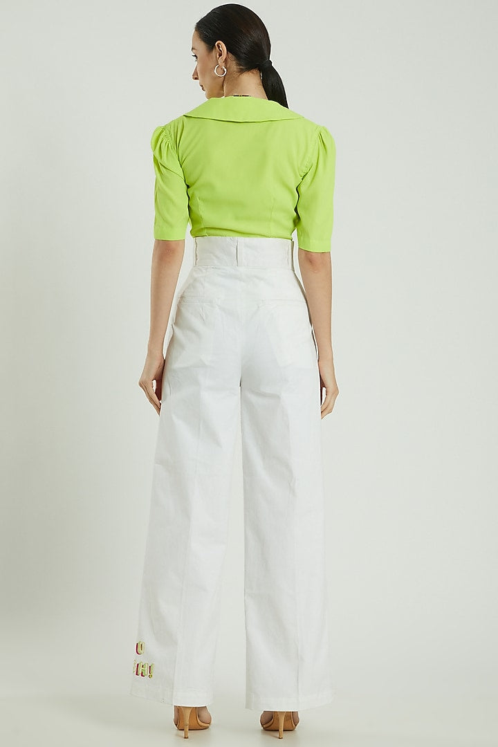 White Embroidered High Waisted Flare Pants With Tie-Up Belt
