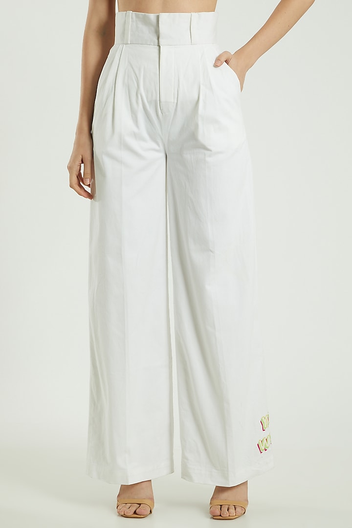 White Embroidered High Waisted Flare Pants With Tie-Up Belt