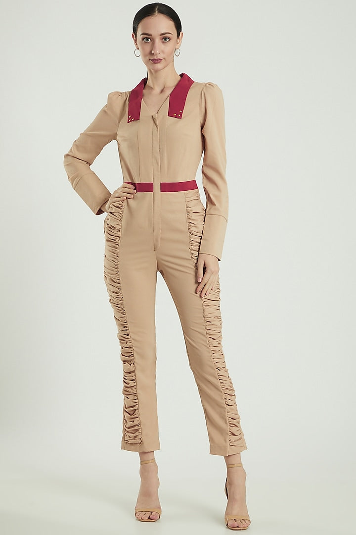 Ash Beige Orange Gathered Jumpsuit