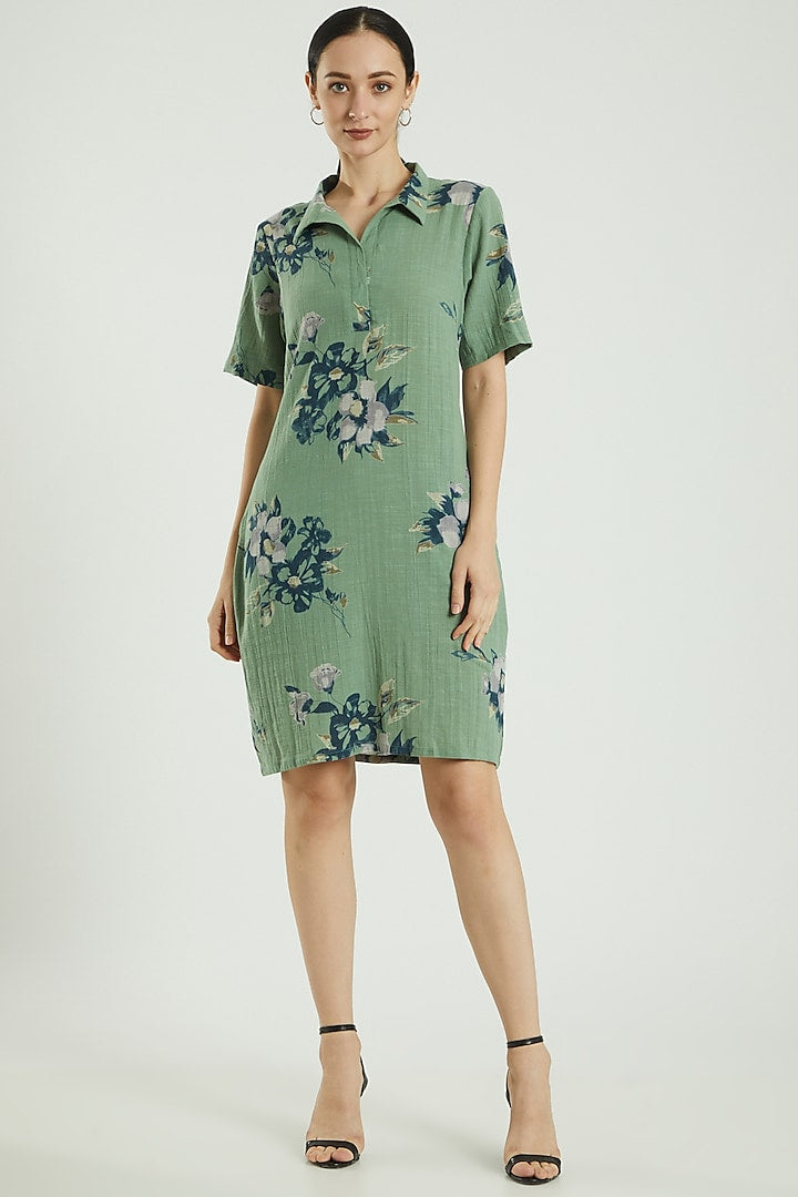 Green Printed Cotton Box Dress