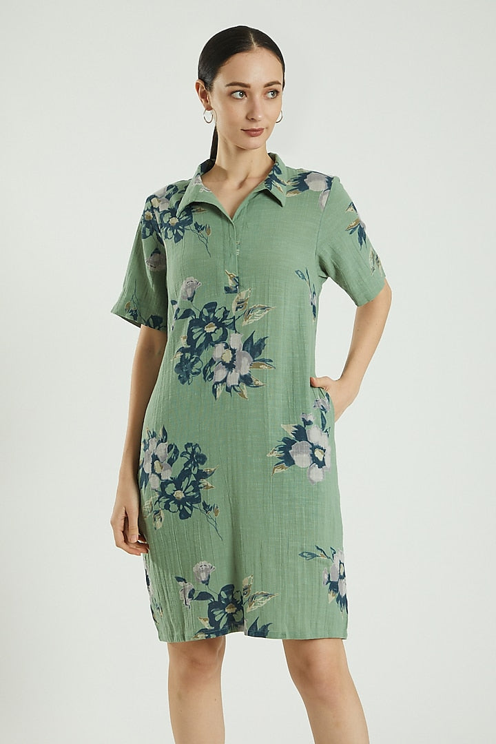 Green Printed Cotton Box Dress