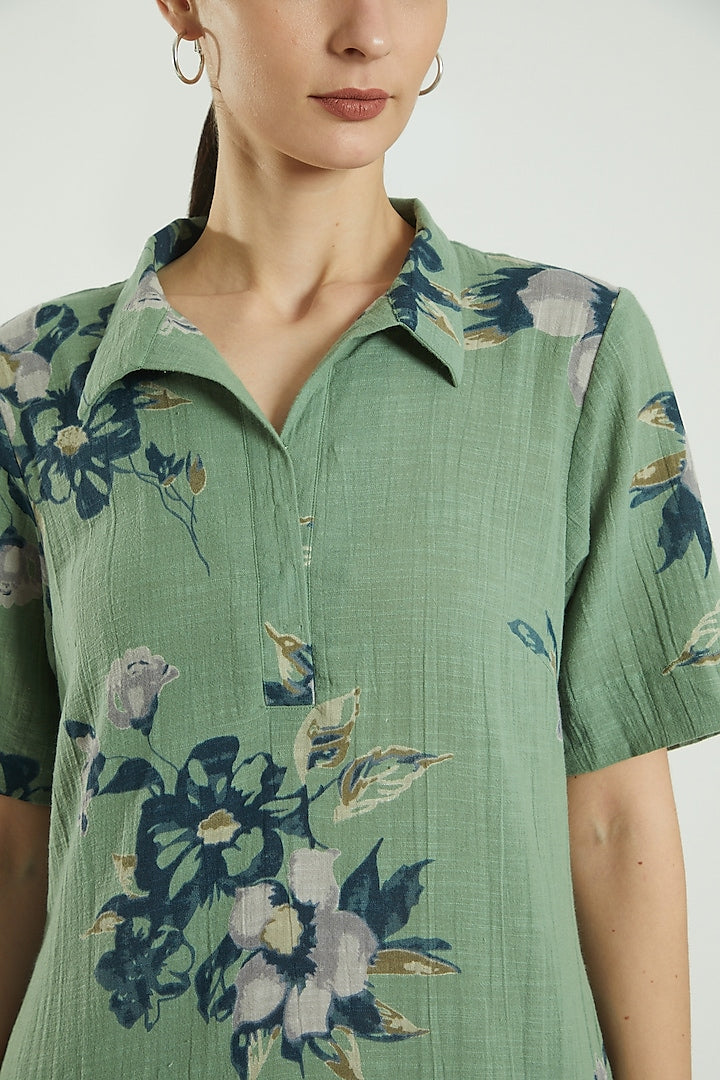 Green Printed Cotton Box Dress