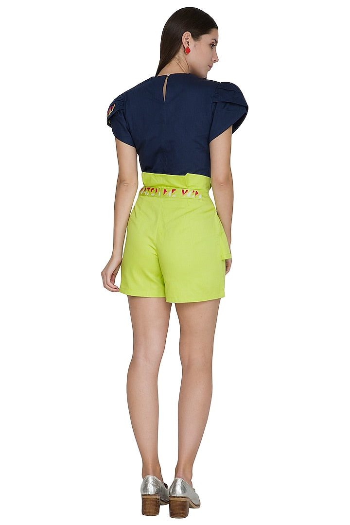 Lime Green Embroidered Shorts With Paper-Bag Waist