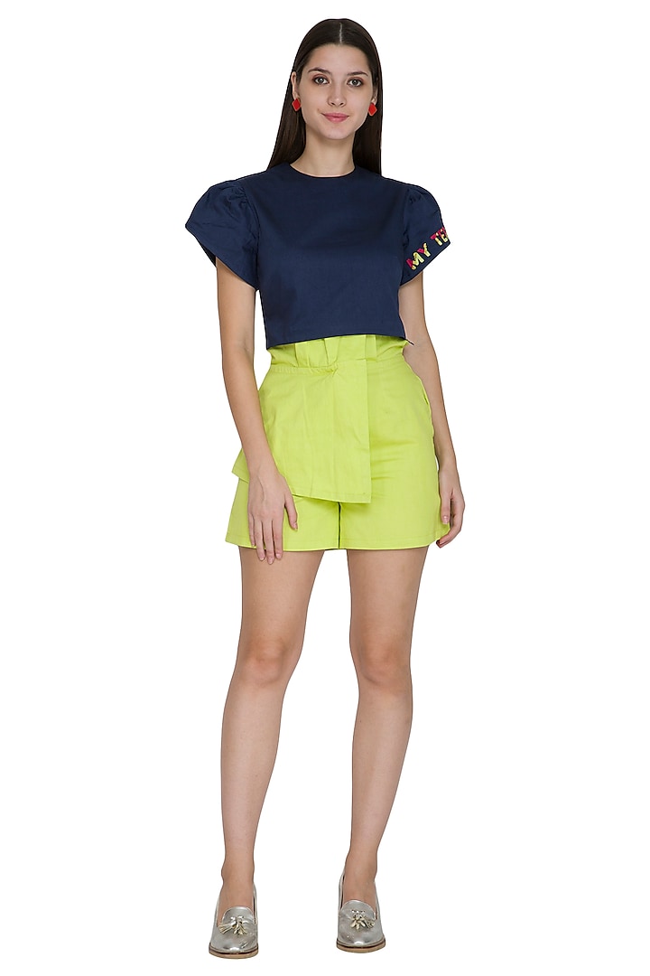 Midnight Blue Petal Sleeved Embroidered Crop Top