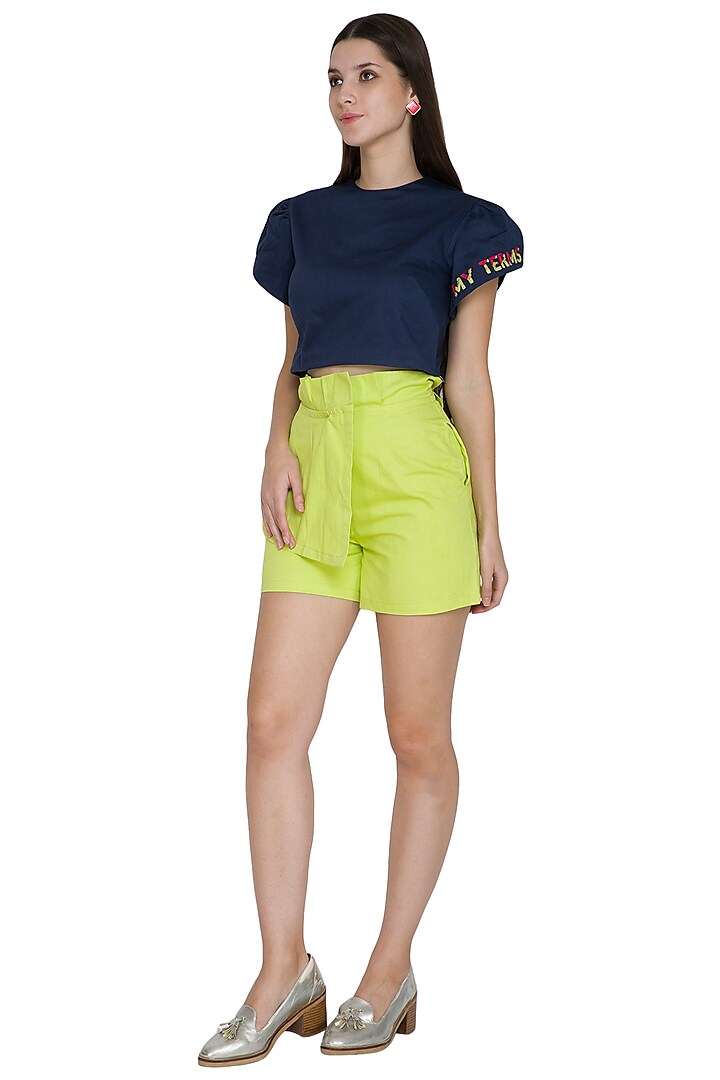 Midnight Blue Petal Sleeved Embroidered Crop Top