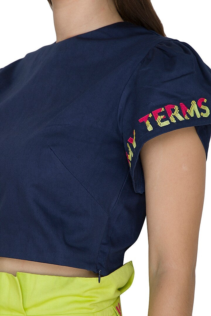Midnight Blue Petal Sleeved Embroidered Crop Top