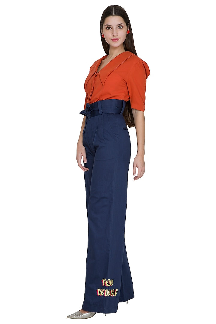 Midnight Blue High Waisted Pants With Tie-Up Belt
