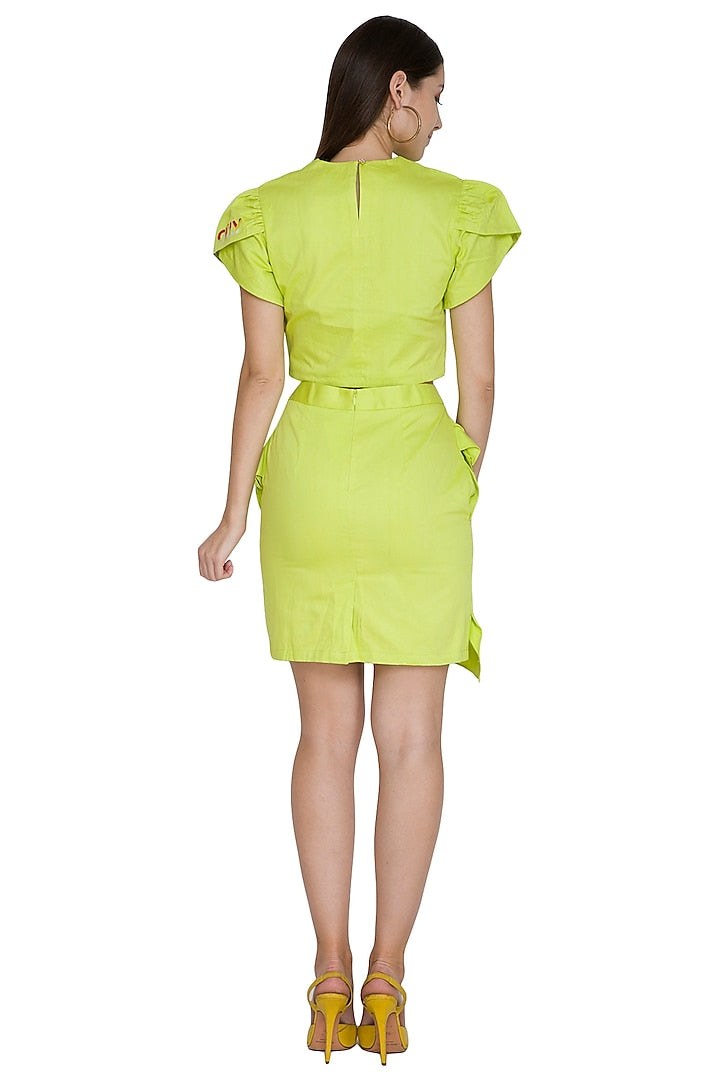 Lime Green Petal Sleeved Embroidered Crop Top