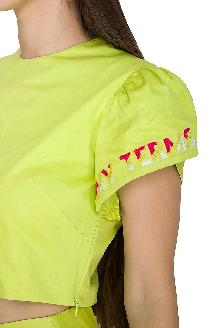Lime Green Petal Sleeved Embroidered Crop Top