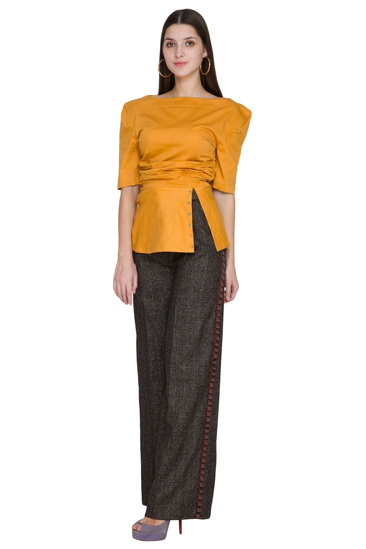 Ochre Yellow Embellished Waist Slit Top
