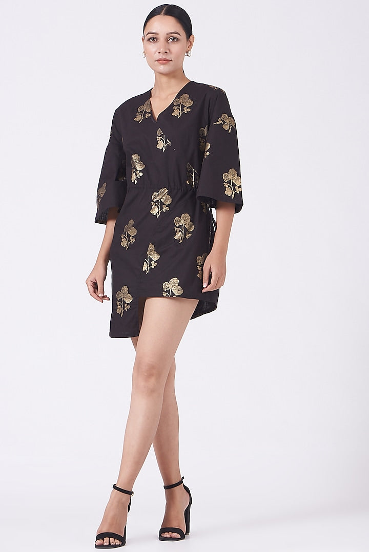 Black Printed Kimono Mini Dress