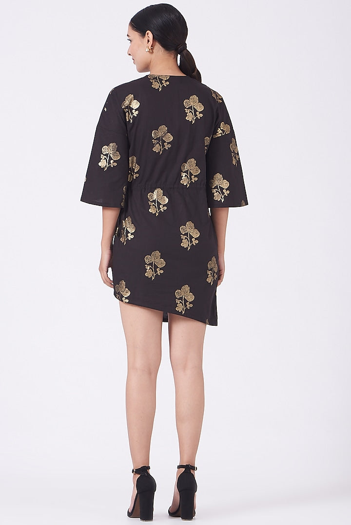 Black Printed Kimono Mini Dress