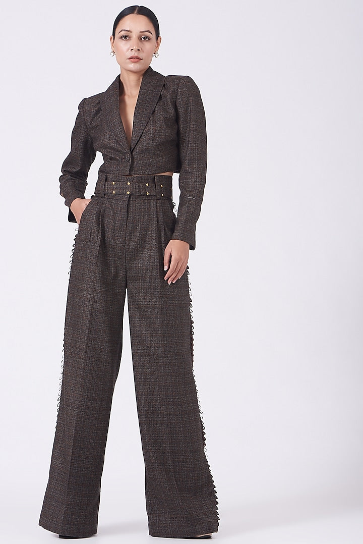 Taupe Brown Wool Tweed Flared Pants