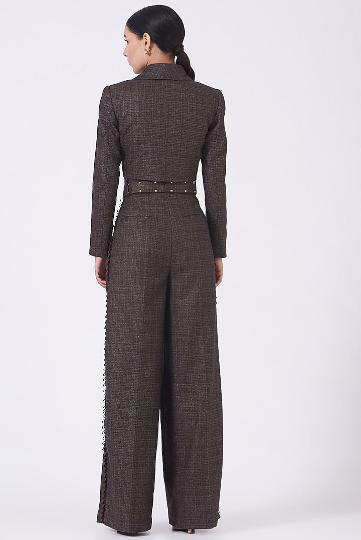 Taupe Brown Wool Tweed Flared Pants