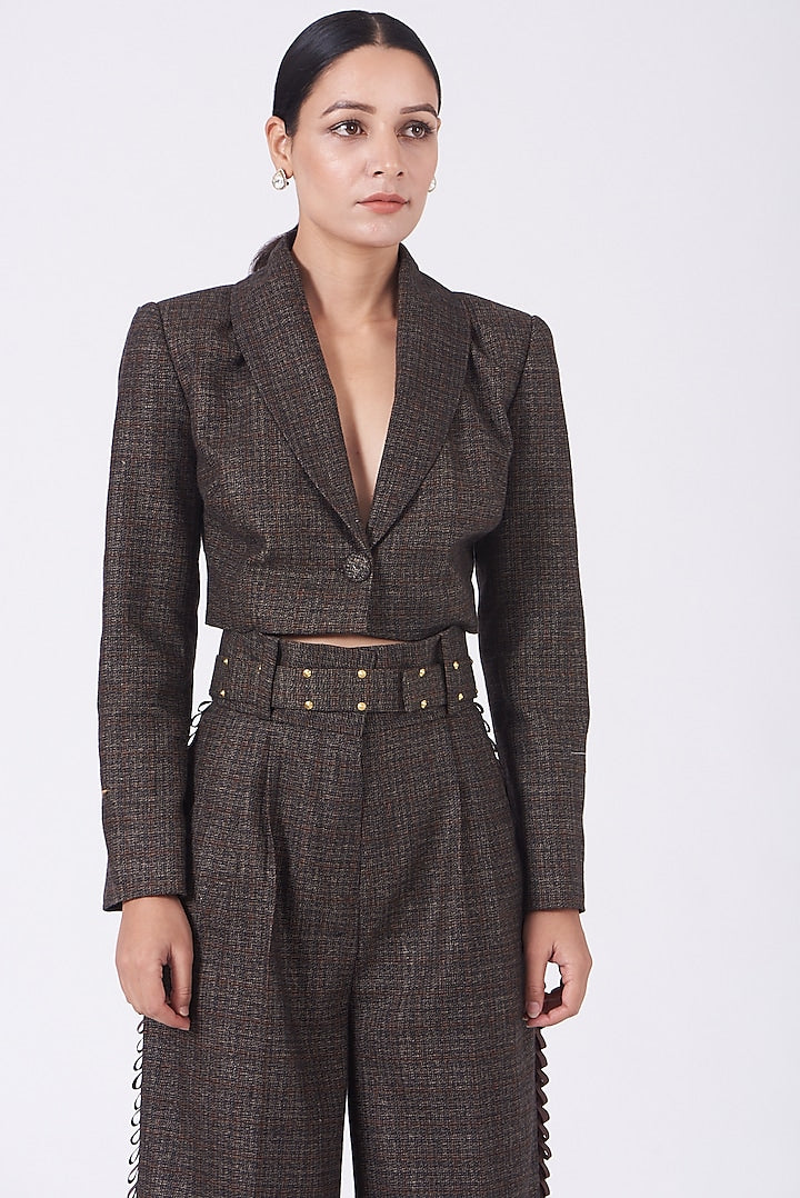 Taupe Brown Wool Tweed Flared Pants