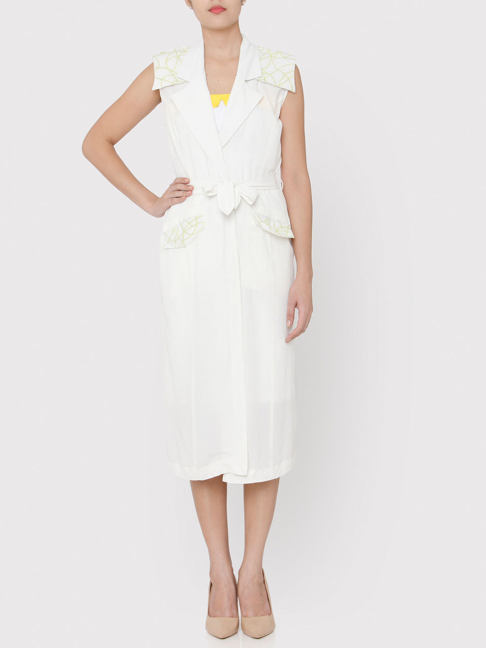 White Embroidered Acid lime green Doodle Trench Coat