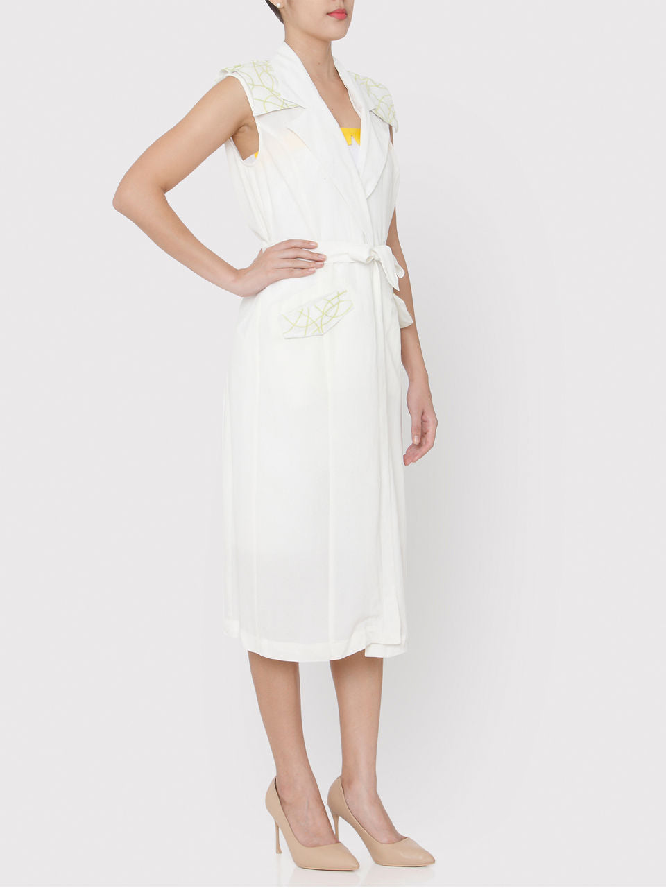 White Embroidered Acid lime green Doodle Trench Coat