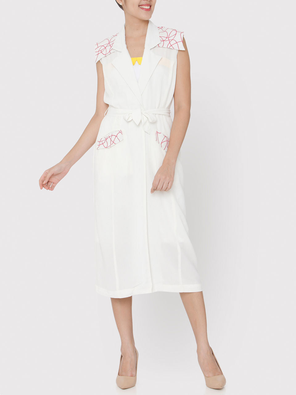 White Embroidered pink Doodle Trench Coat