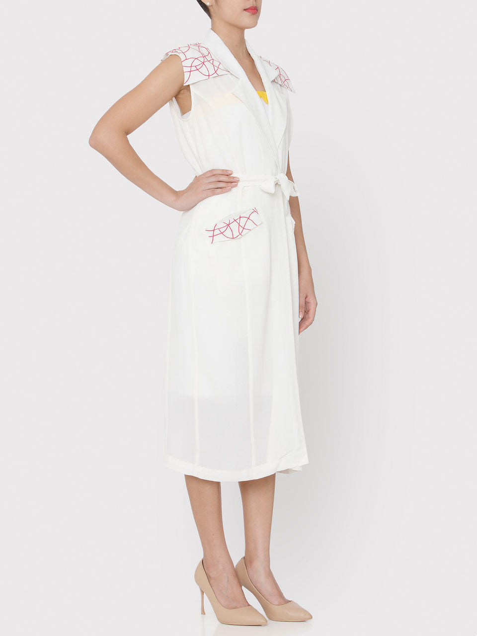 White Embroidered pink Doodle Trench Coat