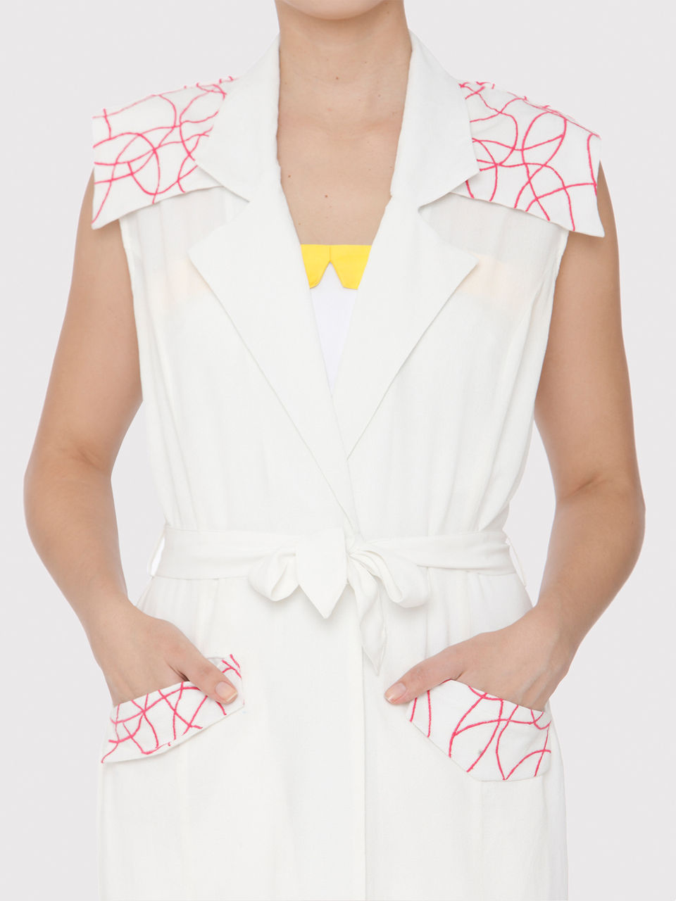 White Embroidered pink Doodle Trench Coat