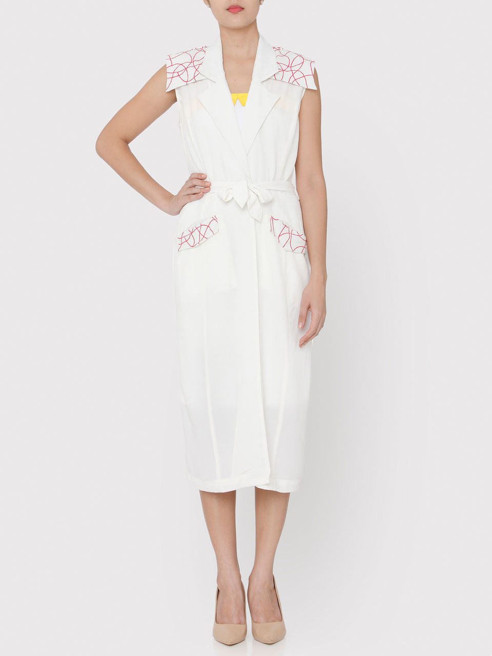 White Embroidered pink Doodle Trench Coat