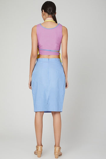 Sky Blue & Yellow Color Blocked Pencil Skirt