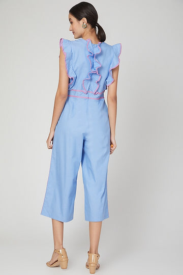 Sky Blue Jumpsuit With Ruffled Detailing