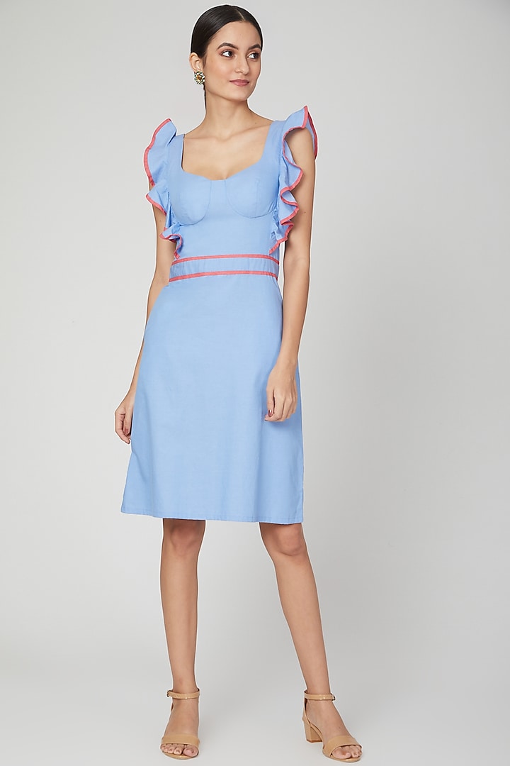 Sky Blue Backless Dress With Ruffled Tie-Up
