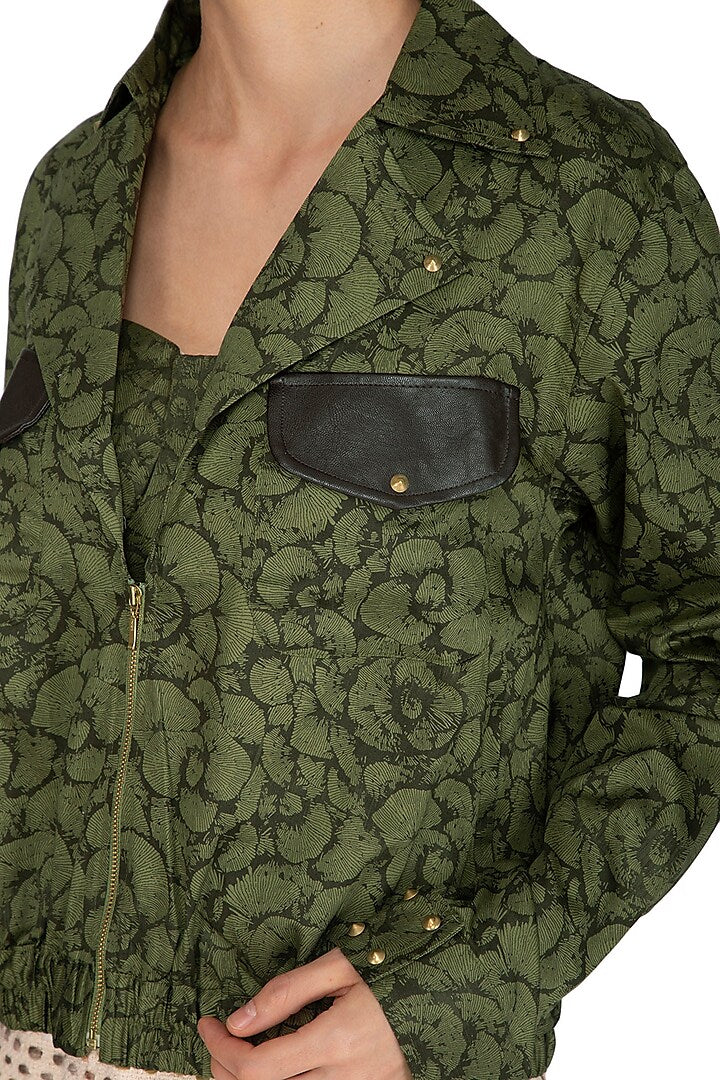 Olive Green Printed Bomber Jacket