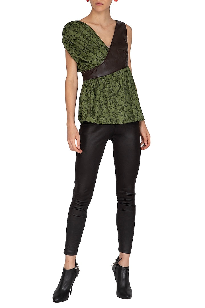 Olive Green Printed Gathered Top