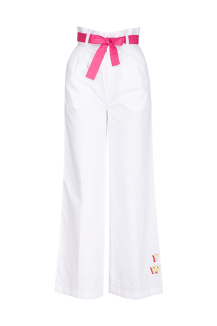 White Embroidered Pants With Tie-up Belt