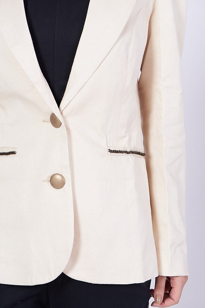 White Blazer With Faux Leather Buttons