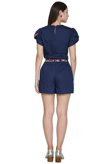 Midnight Blue Embroidered Shorts With Paper-Bag Waist