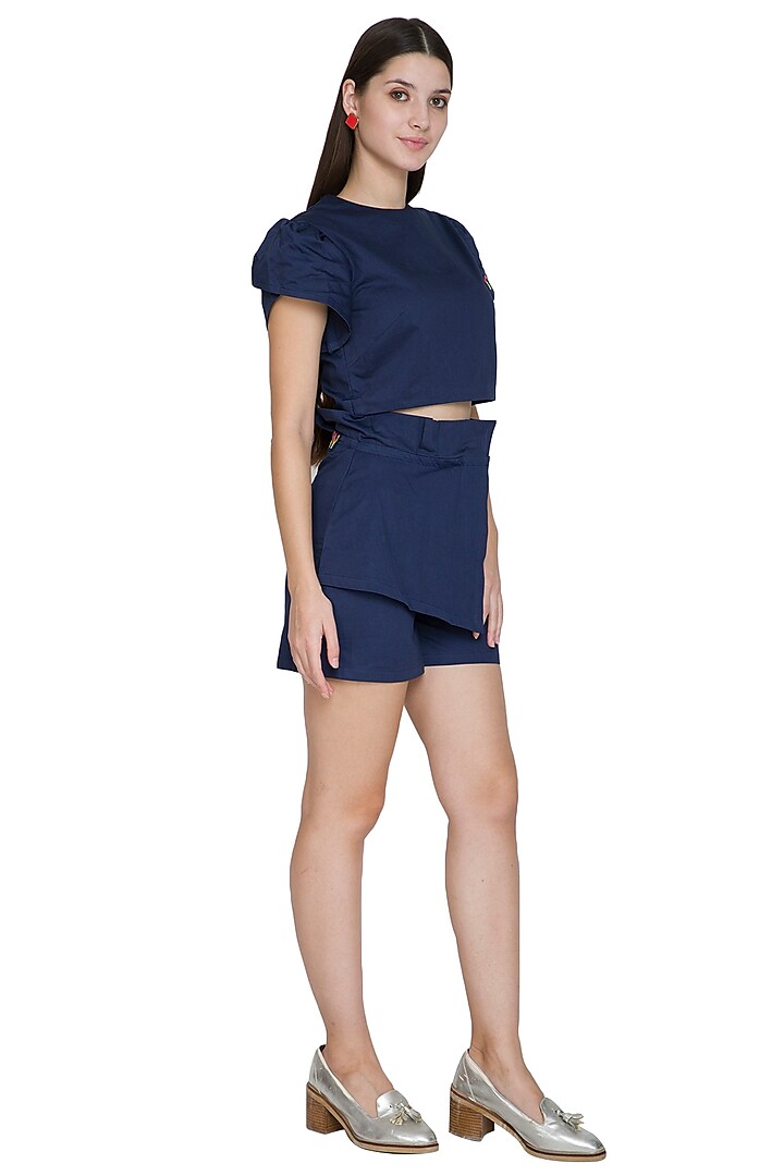 Midnight Blue Embroidered Shorts With Paper-Bag Waist