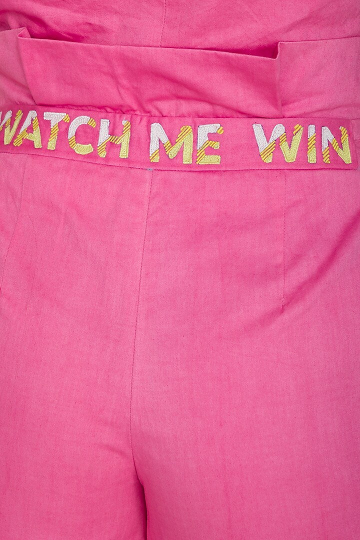 Pink Embroidered Shorts With Paper-Bag Waist