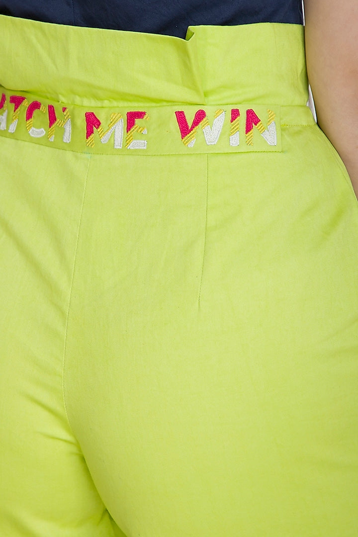 Lime Green Embroidered Shorts With Paper-Bag Waist