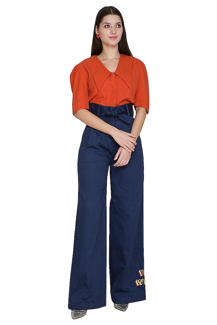 Midnight Blue High Waisted Pants With Tie-Up Belt